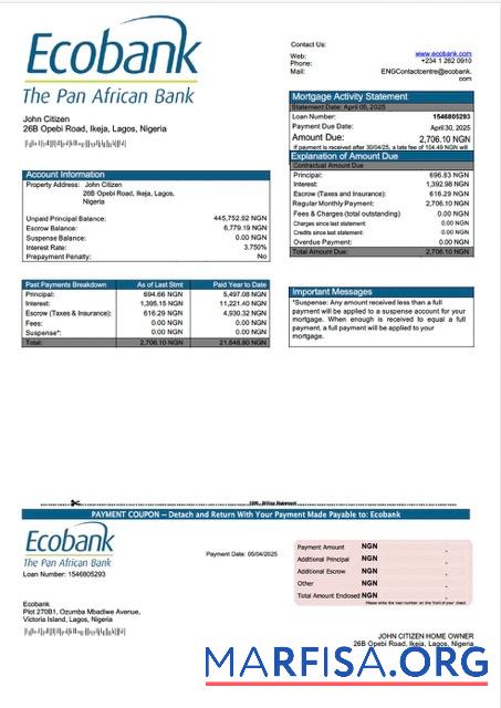 Realistic Nigeria Ecobank mortgage statement Word and PDF template